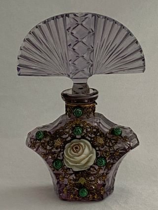 Vintage Purple Gold Bohemian Czech Art Deco Crystal Cut Glass Perfume Bottle