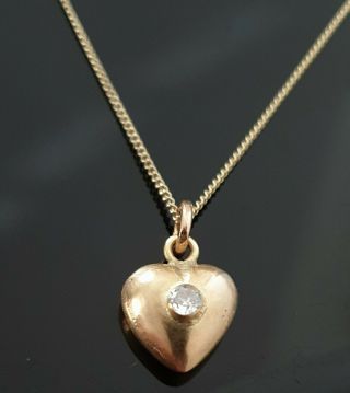 Vintage 18 Ct Yellow Gold Diamond Heart Necklace Pendant With 9ct Chain Gold