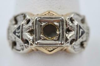 Heavy Vintage 14k & 10k Gold 32nd Degree Freemason Masonic Mens Ring For Diamond