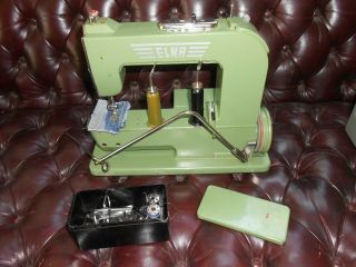 Vintage Elna Grasshopper Sewing Machine In Metal Case,  Accessoies Box,  Oil Cans,