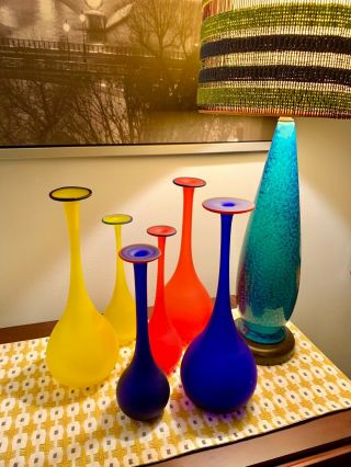 6 Vintage Italian Carlo Moretti Satin Glass Vases.  15 ",  12 "