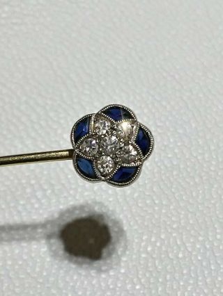 Antique 18k Yellow Gold - Diamond - Sapphire Flower Hatpin Stick Pin Brooch