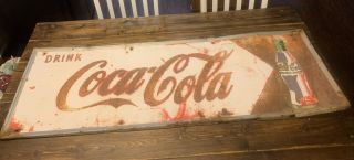 Vintage 1950s Early Metal Coca Cola Soda Pop Bottle Graphic Sign Coke 54x18