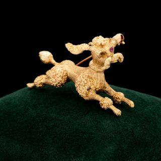 Antique Vintage Deco Retro 14k Yellow Gold Ruby Figural Poodle Dog Pin Brooch