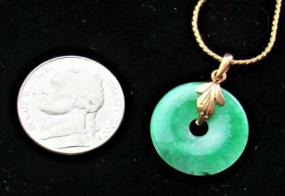 Vintage Apple Green Jade Circle Pendant,  18k Gold Trim & Bail