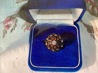 Vintage Blue Sapphire Diamond Cluster 14k Yellow Gold Ring