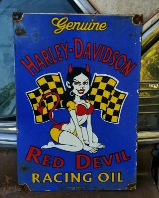 Vintage 1953 Harley Davidson Motorcycle Red Devil Racing Oil Porcelain Sign Gas