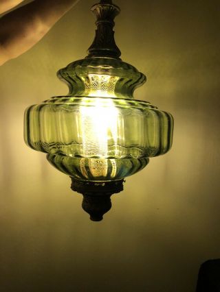 Retro Vintage Mcm Green Glass Swag Hanging Lamp Light Diffuser Chain