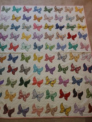 Vintage One Of A Kind Hand Made Gorgeous Embroidered Floral Butterfly Quilt 65 "