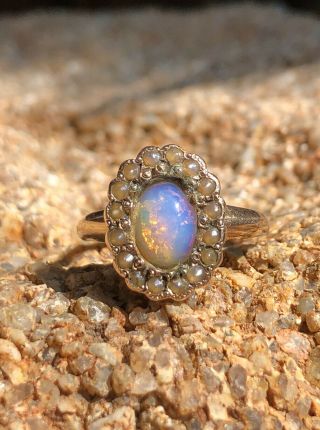 Antique Victorian 14k Rose Gold Australian Jelly Opal & Seed Pearl Halo Ring