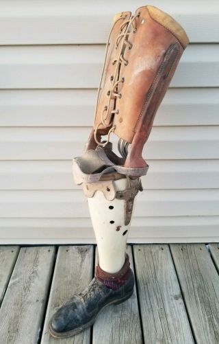 Rare Vintage Prosthetic Leg Artificial Limb Leather Lace - Up Thigh