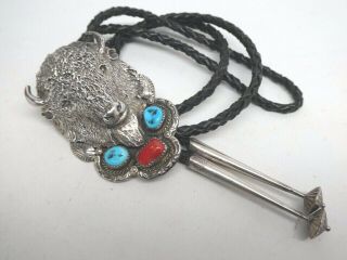 Vintage Ashley Navajo Sterling 925 Buffalo Turquoise Coral Bolo Tie Necklace