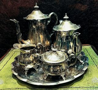 Vintage Silver Plated 5 - Piece Coffee Tea Set With Serving Tray