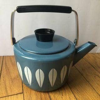 Vintage Cathrineholm Teapot Tea Kettle Blue Lotus White Enamel Coffee Norway Mcm