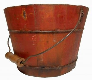 Mid - Late 19th C American Antique Staved Wood Sap Bucket,  W/wire Handle/red Paint