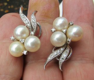 Vintage Cultured Pearl And Diamond 14k White Gold Earrings Set