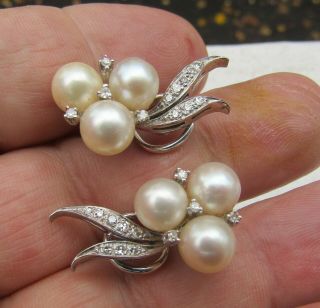 VINTAGE CULTURED PEARL AND DIAMOND 14K WHITE GOLD EARRINGS SET 2