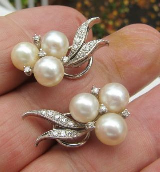 VINTAGE CULTURED PEARL AND DIAMOND 14K WHITE GOLD EARRINGS SET 3