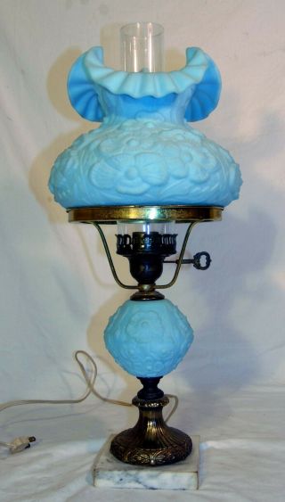 Vintage Antique Fenton Blue Satin Glass Poppy Student Table Lamp 19 "