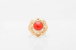 Antique Retro Etruscan 1940s Natural 5ct Red Coral Gem 14k Yellow Gold Ring