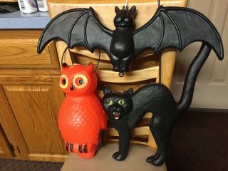 3 Rare Vintage Union Halloween Blow Molds Don Featherstone Owl,  Bat,  Cat