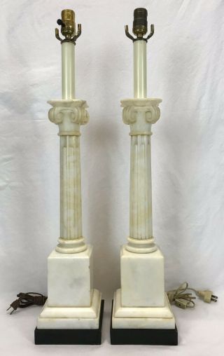 Pair Vintage Italian Alabaster Marble Carved Corinthian Ionic Column Table Lamps