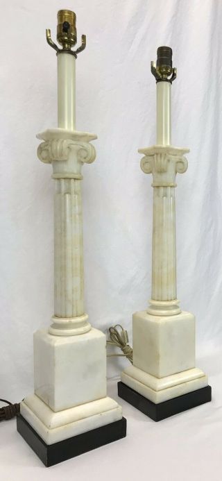 Pair Vintage Italian Alabaster Marble Carved Corinthian Ionic Column Table Lamps 2