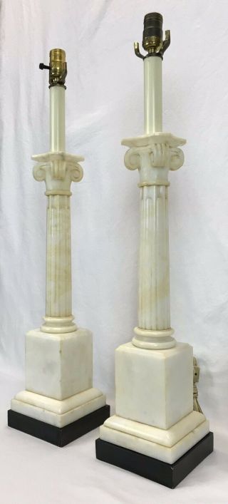 Pair Vintage Italian Alabaster Marble Carved Corinthian Ionic Column Table Lamps 3