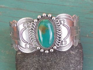 Vintage Fred Harvey Era Silver Stamped Green Turquoise Cuff Bracelet 47.  8 Grams
