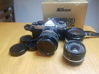 Vintage Nikon Fe2 35mm Camera With 85mm 28mm 35mm Lens