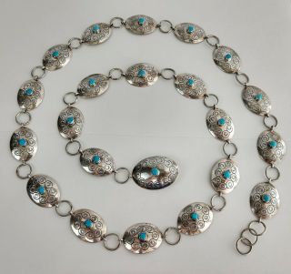 Vtg Signed Nel J Navajo Stamped Sterling Silver Turquoise Concho Belt Necklace
