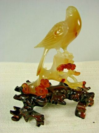 Vintage Chinese Carnelian Agate Hand Carved Bird Statue W.  Root Wood Stand