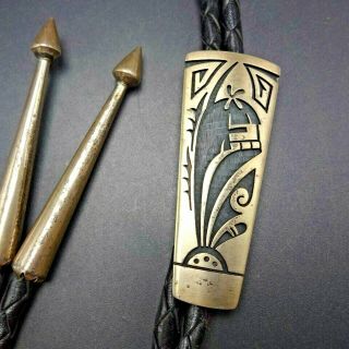 Vintage Hopi Sterling Silver Overlay Bolo Tie By Arthur Allen Lomayestewa