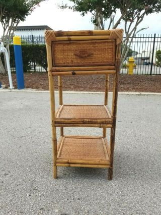 Mid - Century Asian Bamboo Rattan 3 Tier With Drawer Vintage Bamboo Rattan Stand