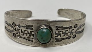 Vintage Navajo Fred Harvey Era Turquoise Whirling Logs Sterling Cuff Bracelet