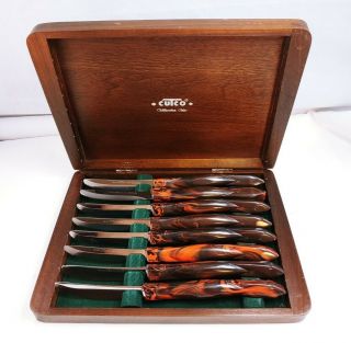 Vintage Nos Set Of 8 Cutco 1758 Serrated Steak Knives Brown Orange Swirl & Box