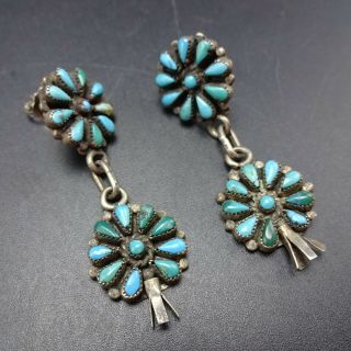 Delicate Vintage Zuni Sterling Silver Turquoise Cluster Petit Point Earrings