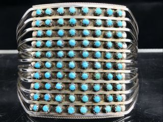 Vtg 42g Old Pawn Zuni Snake Eye Turquoise 10 Row Sterling Signed Cuff Bracelet