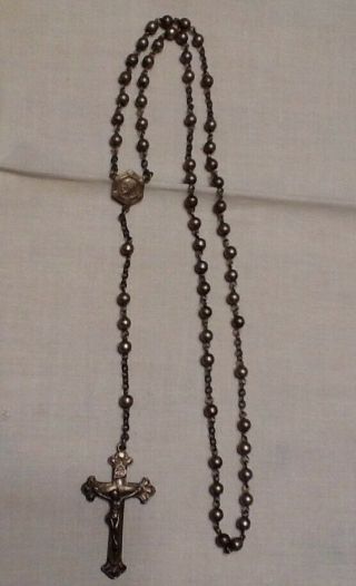 Vintage Antique All Solid Sterling Silver Smooth Beads Rosary Necklace Beaded