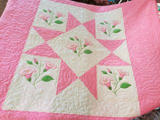 Handmade Embroidered Floral Full Queen Vintage Quilt Pink And White Embroidery