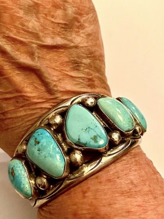 Vtg.  Old Pawn Navajo Turquoise Sterling Silver Cuff Bracelet Signed M T 85.  2 Gr.