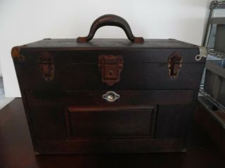 Vintage H.  Gerstner & Sons Oak Wood Machinist Tool Box 7 Drawers With Key