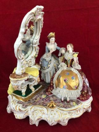 Fine Vintage Huge Irish Dresden Lace Porcelain Hand Painted Figure Group.