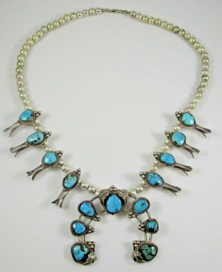Turquoise Squash Blossom Necklace Sterling Silver Vintage Southwest 74.  3 Grams