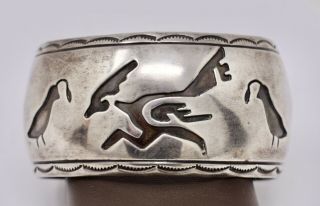 Vintage Old Pawn Hopi Sterling Silver Overlay Cuff Bracelet Roadrunner Motif 56g
