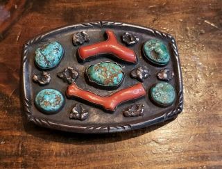 Navajo Vintage Unsigned Sterling Silver Belt Buckle With Turquoise And Red Coral