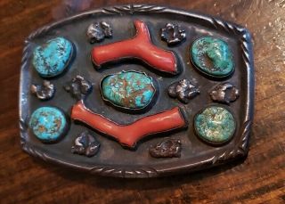 Navajo Vintage unsigned sterling silver belt buckle with turquoise and red coral 3