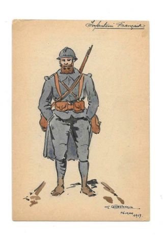 Vintage Hand Painted Wwi Caricature Bearded Infantry Soldier Postcard 1917