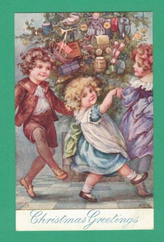 Vintage Tuck A.  L.  Bowley Christmas Postcard Children Dance Around Tree Toys
