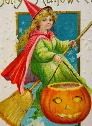Vintage Halloween Postcard Green Witch On Broom Embossed Stecher 226 C